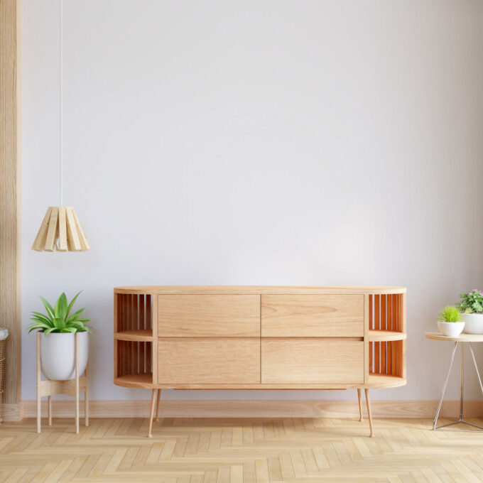 Wood sideboard in living room with copy space, 3D rendering