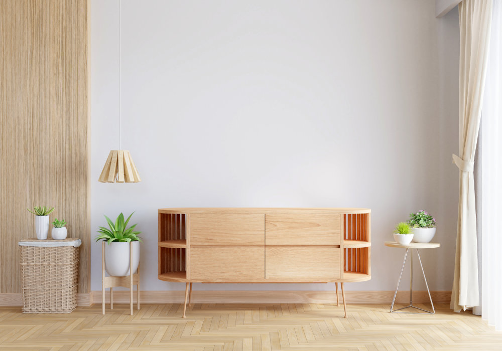 Wood sideboard in living room with copy space, 3D rendering Wood sideboard in living room with copy space, 3D rendering